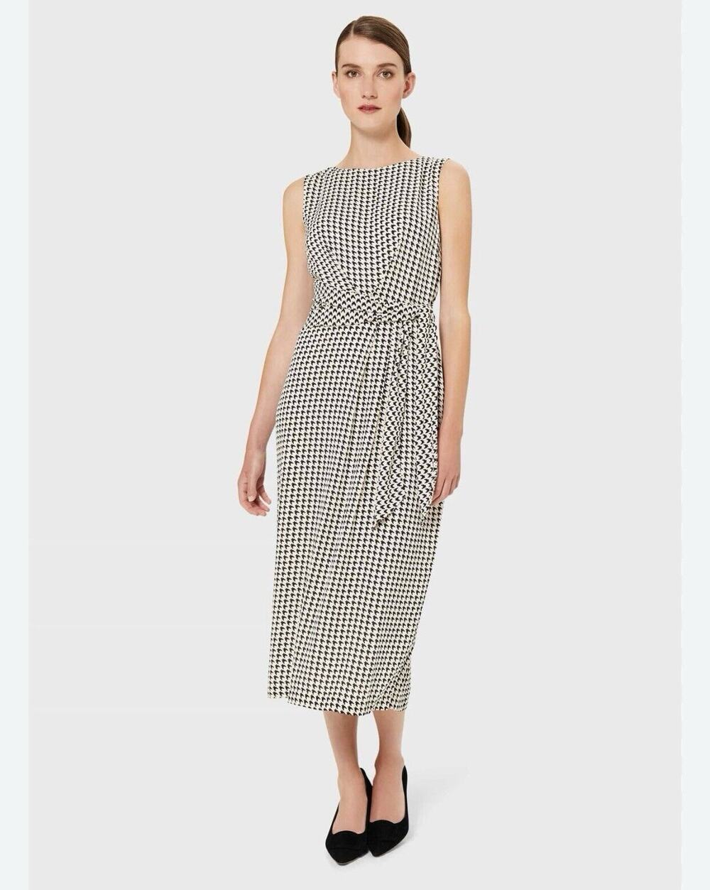 Hobbs London Alana Dogtooth Midi Dress Black Cream Sleeveless Size 4 NWT
